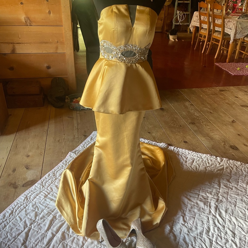 Gold peplum prom/pageant gown.  Size 0  Never worn and in perfect condition.